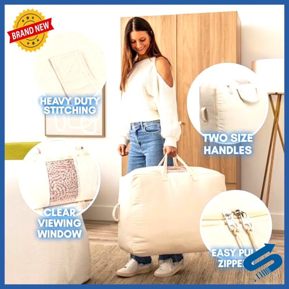 Large Canvas Storage Bags with Zipper, 2-Pack King Queen Comforter Organizer - Picture 4 of 7